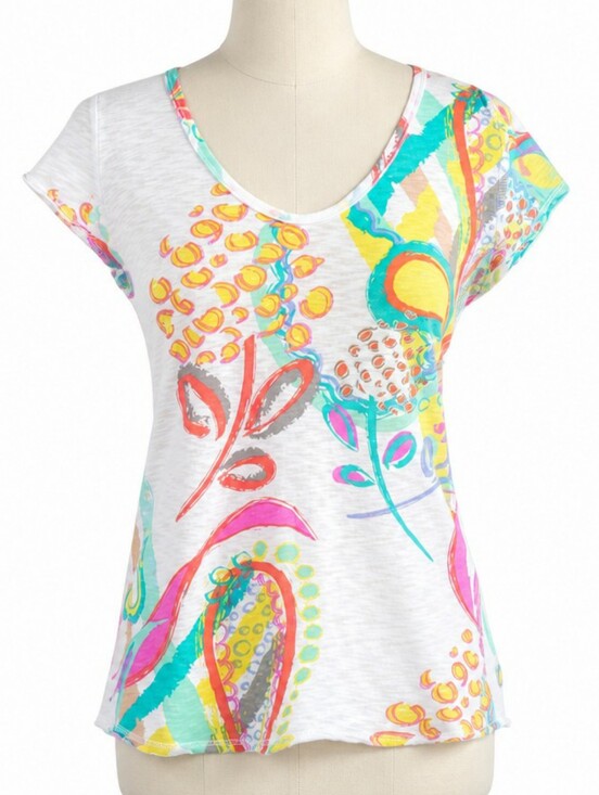 fresh produce Tops - Fresh Produce Colorful Abstract Cotton Scoop‑Neck Top White Yellow Aqua • SMALL